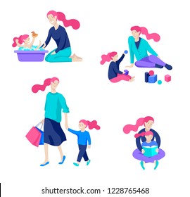 Vector people character. Mother and daughter spending time together, read a book and play, bathe the baby, walk and shopping. Colorful flat concept illustration.