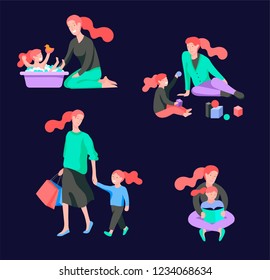 Vector people character. Mother and daughter spending time together, read a book and play, bathe the baby, walk and shopping. Colorful flat concept illustration.