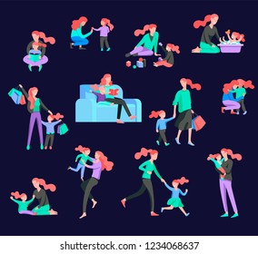 Vector people character. Mother and daughter spending time together, read a book and play, bathe the baby, walk and shopping. Colorful flat concept illustration.