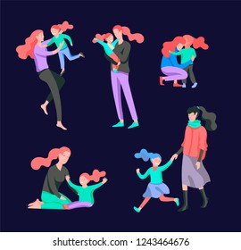 Vector people character. Mother and daughter spending time together, read a book and play, bathe the baby, walk and shopping. Colorful flat concept illustration.