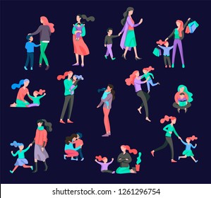 Vector people character. Mother and daughter spending time together, read a book and play, bathe the baby, walk and shopping. Colorful flat concept illustration.