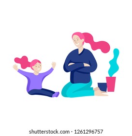 Vector people character. Mother and daughter spending time together. Colorful flat concept illustration.