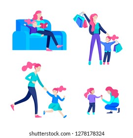 Vector people character. Mother and daughter spending time together, read a book and play, bathe the baby, walk and shopping. Colorful flat concept illustration.