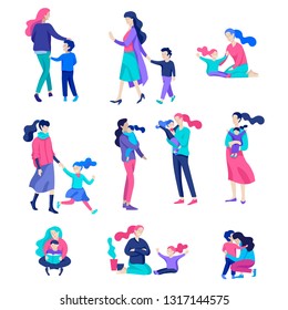 Vector people character. Mother and daughter spending time together, read a book and play, bathe the baby, walk and shopping. Colorful flat concept illustration.