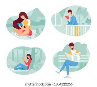 Vector people character reading outdoor isolated scene set. Man and woman reader sitting on bench in park, under tree on nature, standing on balcony with paper newspaper, book, magazine