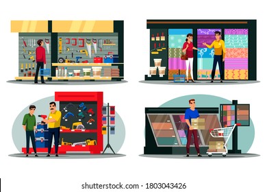 Vector people character visiting construction shop scene set. Man woman visitor choosing instrument, electronic tool, wallpaper, flooring at shopping center. Store assistant consulting customer