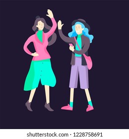 Vector people character walking on the street in autumn or winter clothes, friends and couples. Colorful flat cartoon characters