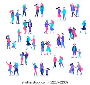 Vector people character walking on the street in autumn or winter clothes, friends and couples. Colorful Group of male and female flat cartoon characters