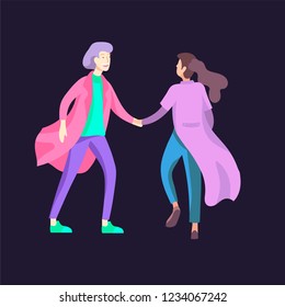 Vector people character walking on the street in autumn or winter clothes, friends and couples. Colorful Group of male and female flat cartoon characters