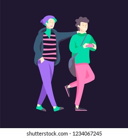 Vector people character walking on the street in autumn or winter clothes, friends and couples. Colorful Group of male and female flat cartoon characters