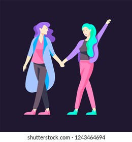 Vector people character walking on the street in autumn or winter clothes, friends and couples. Colorful Group of male and female flat cartoon characters