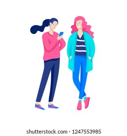 Vector people character walking on the street in autumn or winter clothes, friends and couples. Colorful Group of male and female flat cartoon characters