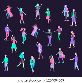 Vector people character walking on the street in autumn or winter clothes, friends and couples. Colorful Group of male and female flat cartoon characters