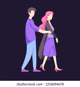 Vector people character walking on the street in autumn or winter clothes, friends and couples. Colorful Group of male and female flat cartoon characters