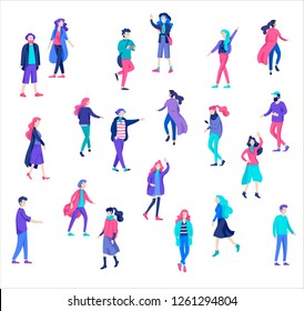 Vector people character walking on the street in autumn or winter clothes, friends and couples. Colorful Group of male and female flat cartoon characters