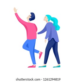 Vector people character walking on the street in autumn or winter clothes, friends and couples. Colorful Group of male and female flat cartoon characters