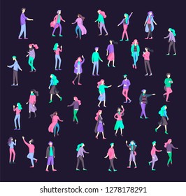Vector people character walking on the street in autumn or winter clothes, friends and couples. Colorful Group of male and female flat cartoon characters