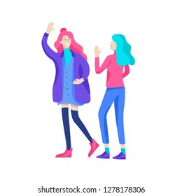 Vector people character walking on the street in autumn or winter clothes, friends and couples. Colorful Group of male and female flat cartoon characters