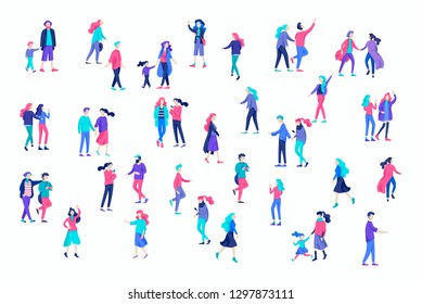 Vector people character walking on the street in autumn or winter clothes, friends and couples. Colorful Group of male and female flat cartoon characters