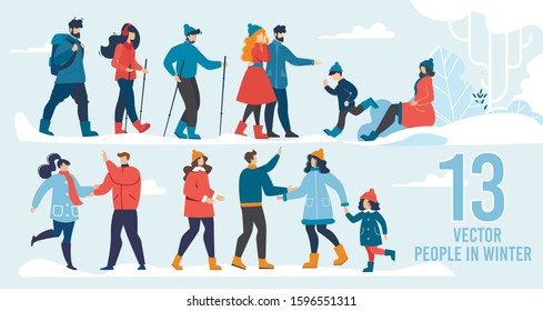 Vector People Character in Winter Scene Flat Set. Man and Woman Adults, Children Playing Snowballs, Sledding, Skiing, Trekking, Walking. Cold Season and Vacation Resort. Cartoon Illustration