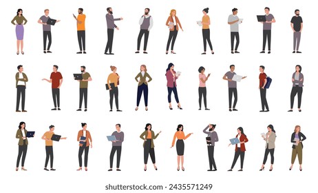 Vector people characters collection - Set of diverse working men and women in casual office work clothes in various postures. Flat design on white background