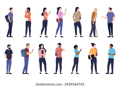 Vector people characters collection - Set of urban men and women standing using phones, talking and acting casual. Flat design on white background