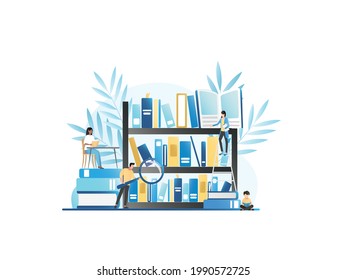 Vector people, children, students, schoolchildren in library, archive with magnifying glass are looking for information, textbooks with magnifying glass, read books, literature, gain knowledge.