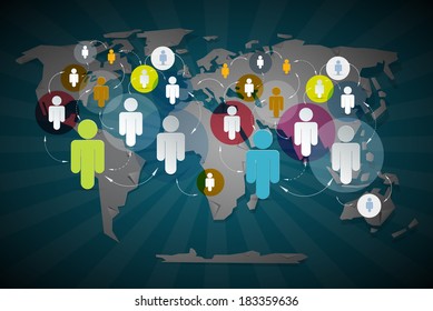 Vector People in Circles on World Map - Social Media Connection Symbols 