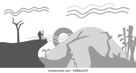 Vektorgrafik von Menschen, die Klippen klettern, Blick auf Hügel und Bäume in Form eines minimalistischen flachen Designs mit Qualität, die nach Belieben angepasst werden kann