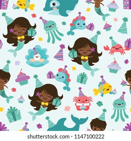 Vector People of Color Mermaid Birthday Sea Friends Seamless Pattern Background. Perfect for fabric, scrapbooking, kids, stationary, and home decor projects.