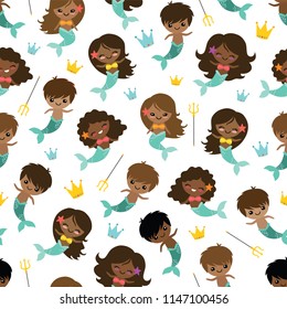 Vector People of Color Mermaid and Mermen Seamless Pattern Background. Perfect for fabric, scrapbooking, kids, stationary, and home decor projects.