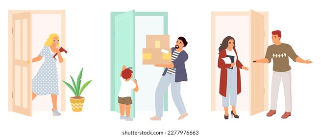 Vector people come in and out of doors scene set. Child opening doorway for father, man meeting realtor or social worker, businesswoman coming home illustration isolated on white background