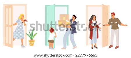 Vector people come in and out of doors scene set. Child opening doorway for father, man meeting realtor or social worker, businesswoman coming home illustration isolated on white background