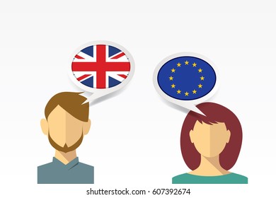 Vector people with communication bubbles and flags of the United Kingdom and European Union.