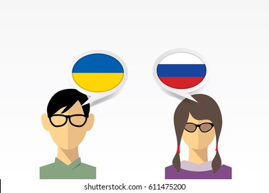 Vector people with communication bubbles and flags of Ukraine and Russia.