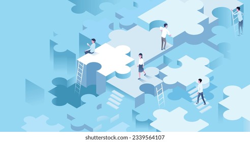 vector people connecti puzzle isometric background 