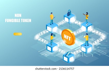 Vektorgrafik von Menschen, die nichtverformbare NFT-Token erstellen und verkaufen 