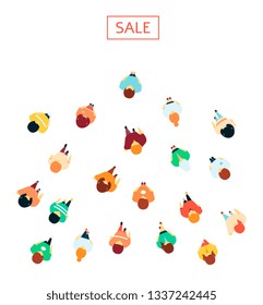 Vector people in crowd running to sale inscription top view. Women, men going for discounts. Citizen population, male, female young and adult characters for promotion, advertising design.