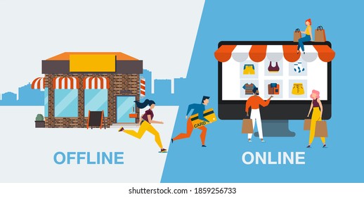 Vector of people customers switching from offline to online shopping 
