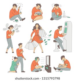 Vector people with different addictions set. Cocaine and nicotine addicts, junkie and smoker, gambling man, obese woman with bulimia, gluttony, internet addicted girl with phone, alcoholic male