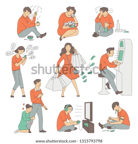 Vector people with different addictions set. Cocaine and nicotine addicts, junkie and smoker, gambling man, obese woman with bulimia, gluttony, internet addicted girl with phone, alcoholic male