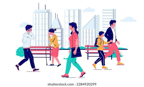 Vector people of different age walking on city street illustration. Man and woman, teenager student and children over cityscape background. Busy citizens in megalopolis