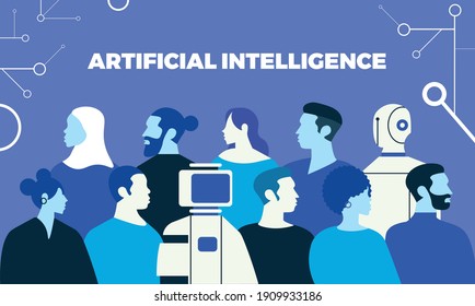 Vector of people of different ethnicities, different genders and robots. Artificial intelligence concept