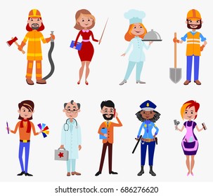Vector people different professions illustration success teamwork doctor, policeman, fireman and builder human work lifestyle standing successful person people characters in uniform