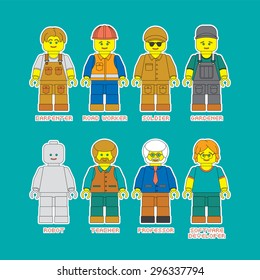 Vector people of different professions. Vector toy man made in flat style with outline. Robot mans of different professions. Isolated man icons in constructor style.