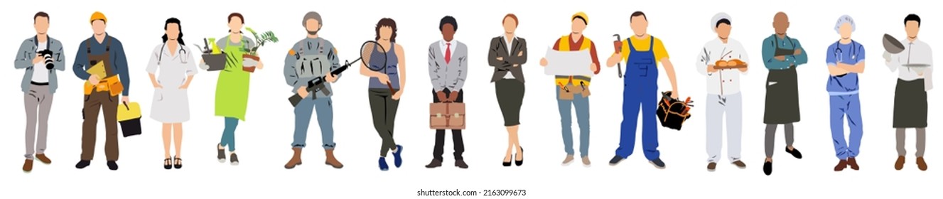 vector of people of diverse profession standing in a row	
