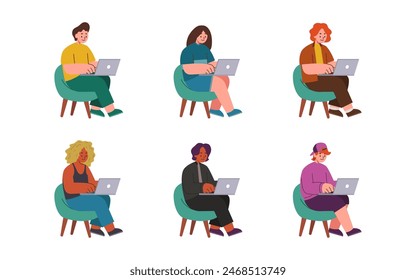 Vector of people doing office assignments, college assignments, playing games using laptops