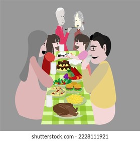 Vector people eating together.large family of grandparents, grandmothers, fathers, mothers and children is having a party.Pizza, hamburger, cake, steamed bun and sushi on the table.Happy new year