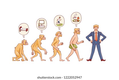 Vector people evolution concept with ape to man growth process with monkey, caveman with primary needs to happy businessman in suit. Mankind development, darwin theory