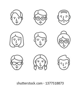 Vector People face Icon set. Sign of grandmother, grandfather, girl, guy, man, woman. User profile pictogram design template